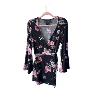 Polly Esther Black Floral Wrap Dress - Large